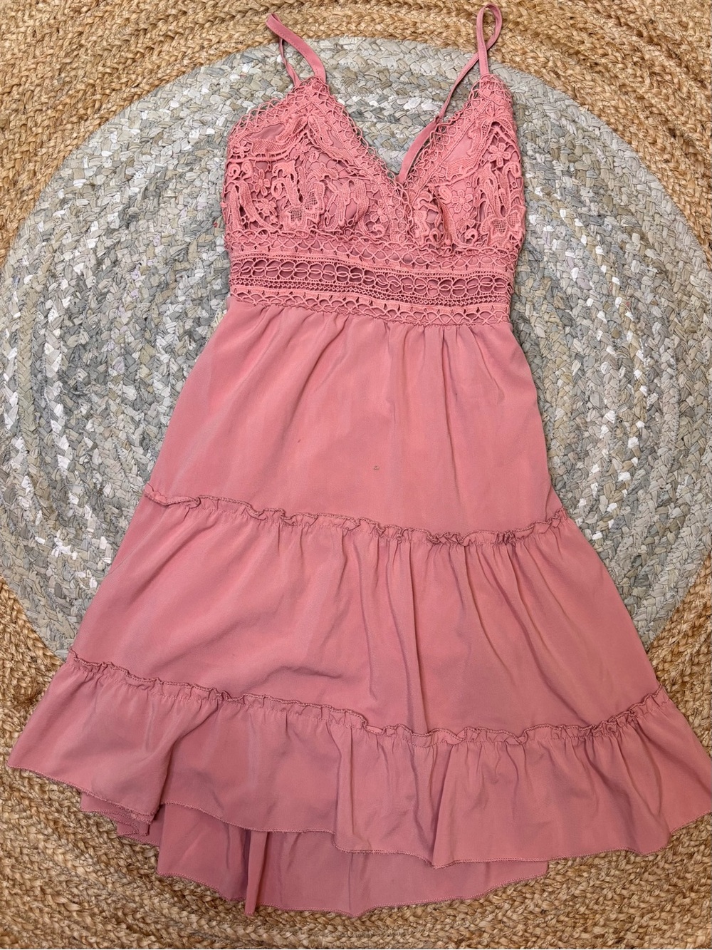 EcoWish Dusty Pink Lace-Trim Tiered Spaghetti-Strap Dress